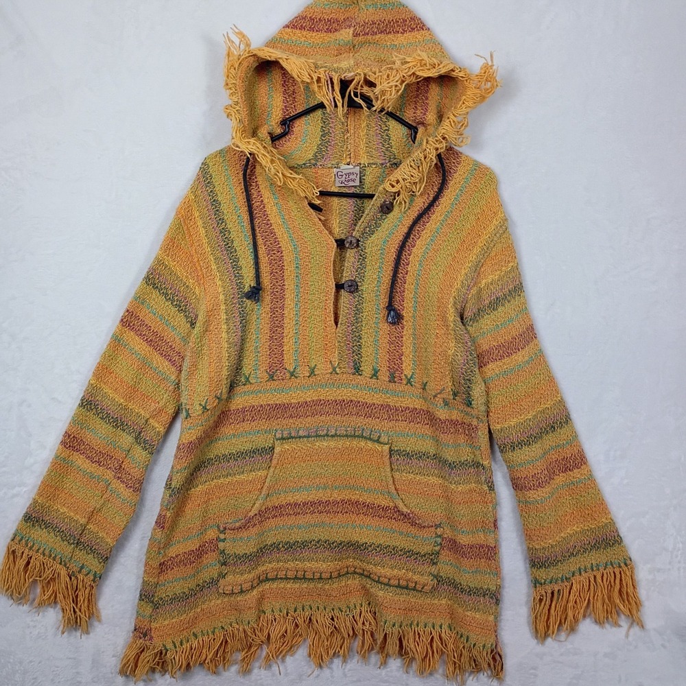 Gypsy Rose Baja Hoodie Womens L Orange Multi Fringe Woven Boho Festival